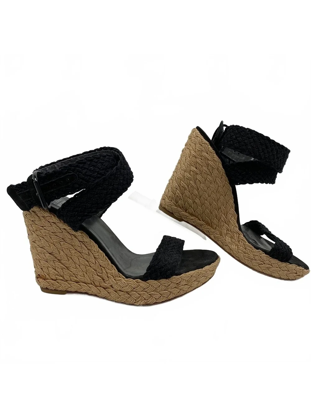 Stuart Weitzman Black Tan Woven Espadrille Wedges | Regular US10
